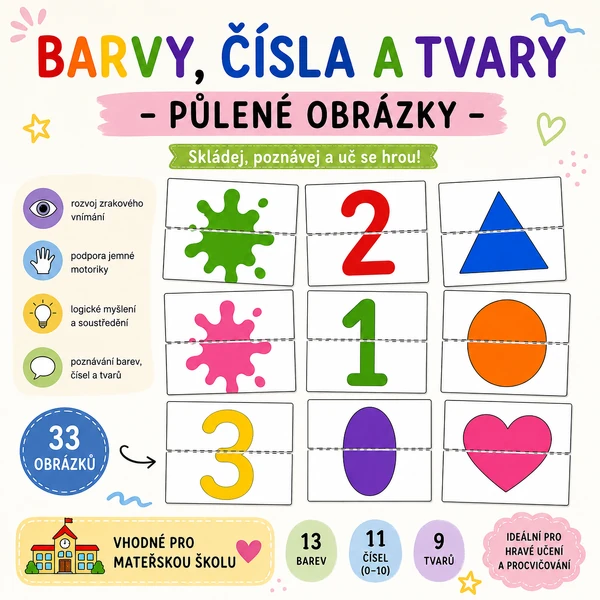 Barvy, čísla a tvary - půlené obrázky 