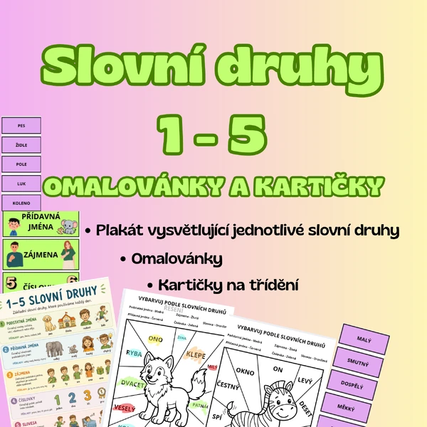 SLOVNÍ DRUHY 1-5 omalovánky a kartičky