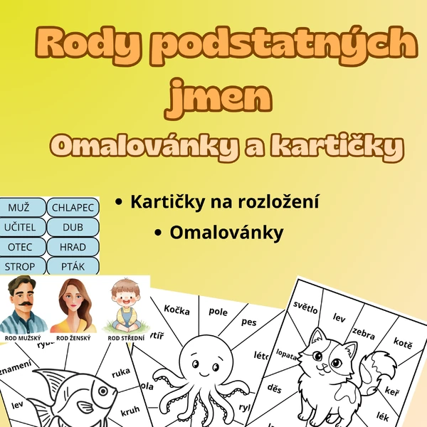 RODY PODSTATNÝCH JMEN - omalovánky a kartičky 