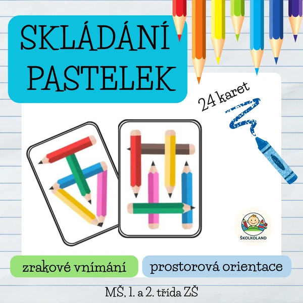 Skládání pastelek – zrakové vnímání, barvy a prostorová orientace (MŠ, 1.–2. třída ZŠ)