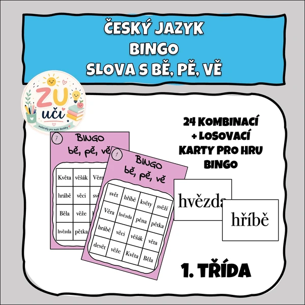 Češtinářské bingo - Slova s bě, pě, vě
