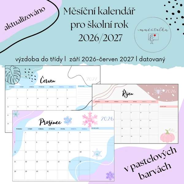 Pastelový měsíční školní kalendář 2026/2027