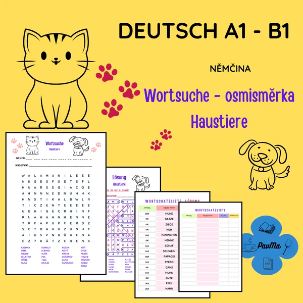 DEUTSCH: Osmisměrka (Wortsuche) - domácí zvířata (Haustiere)