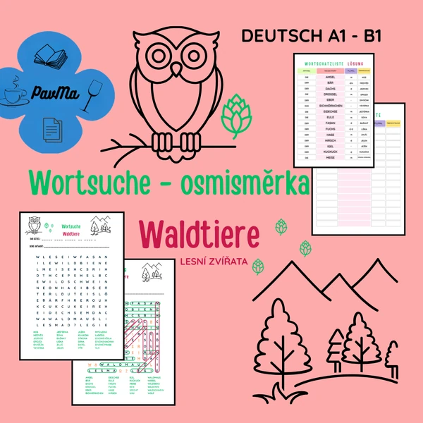 NĚMČINA: osmisměrka (Wortsuche) - lesní zvířata (Waldtiere)