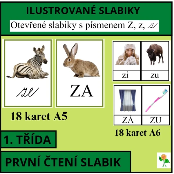 Ilustrované slabiky s písmenem Z, z, malým psacím z