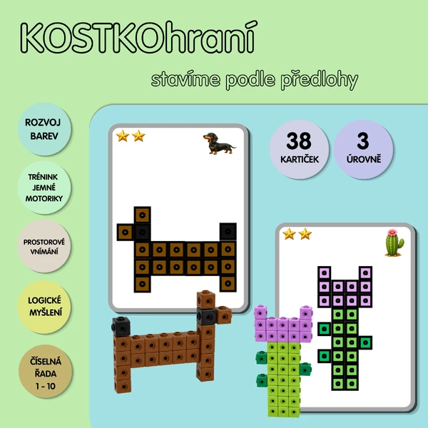 KOSTKOhraní - stavíme podle předlohy (zvířata, tvary, čísla)