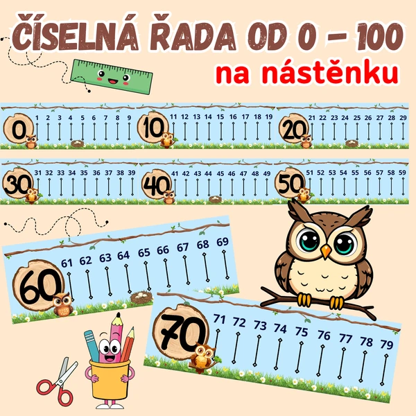 Číselná řada na nástěnku/číselná osa - výzdoba sovičky
