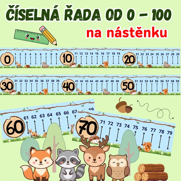 Číselná řada na nástěnku/číselná osa - lesní výzdoba/lesní zvířátka