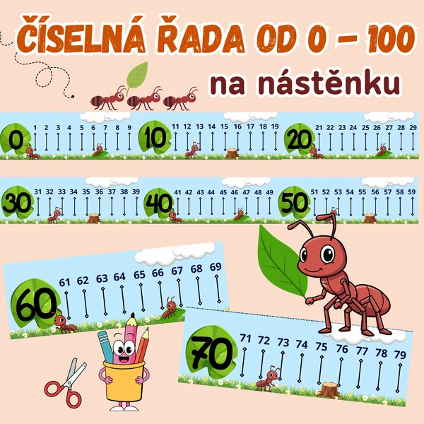 Číselná řada na nástěnku/číselná osa - výzdoba mravenci/mravce/mravenečci