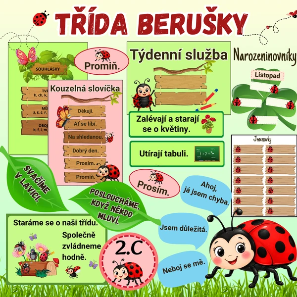 Výzdoba třídy berušky, Narozeninovníky, Souhlásky, samohlásky