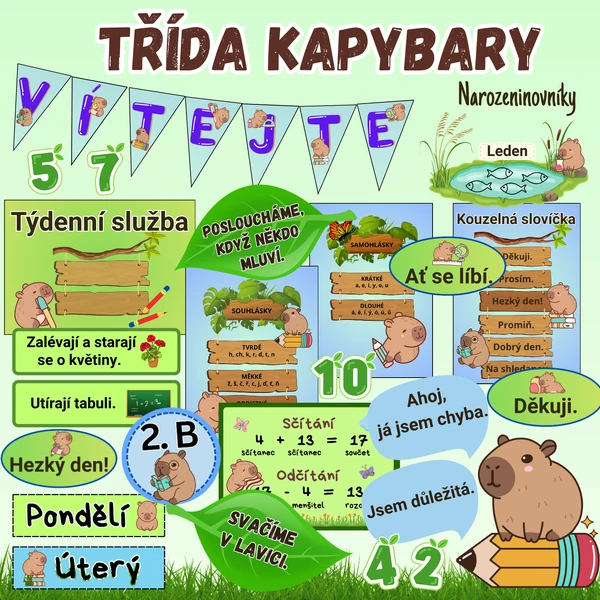 Výzdoba třídy kapybary / Téma kapybara, třídní pravidla, úkoly týdeníků