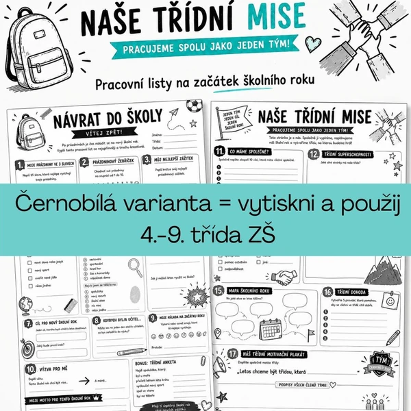 Návrat do školy & Naše třídní mise & Náš školní rok v kostce – černobílá varianta