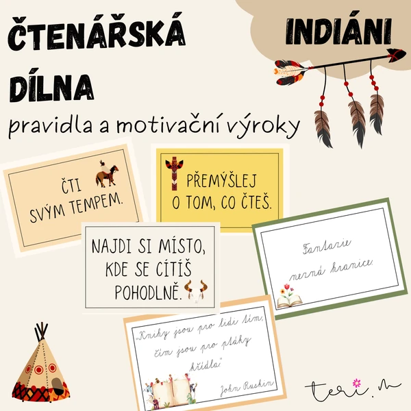 ČTENÁŘSKÁ DÍLNA - pravidla, motivační výroky- téma INDIÁNI