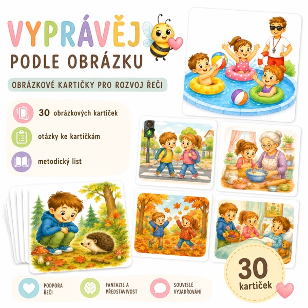⭐ Vyprávěj podle obrázku – 30 obrázkových kartiček pro rozvoj řeči
