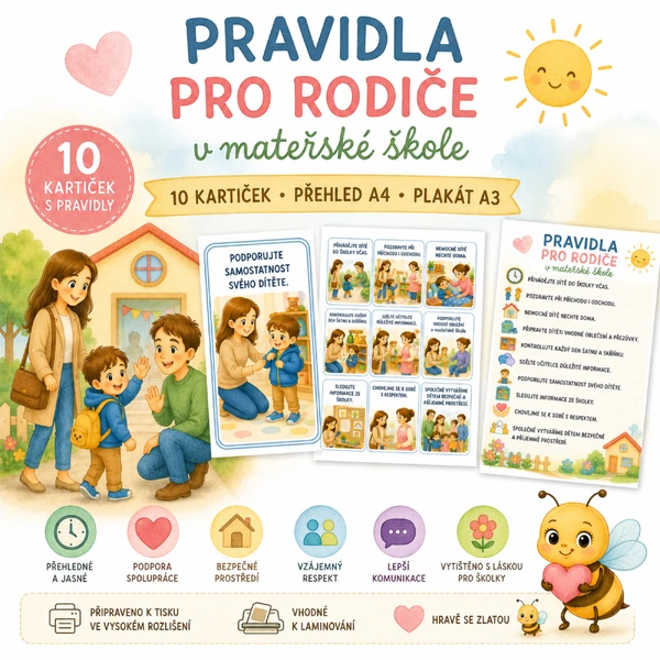 🌼 Pravidla pro rodiče v mateřské škole | 10 kartiček + A3 plakát + A4 přehled