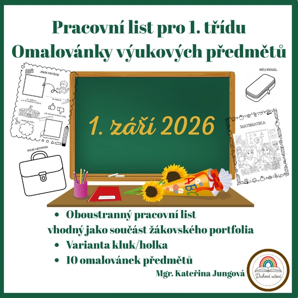 Pracovní list pro prvňáky a omalovánky výukových předmětů