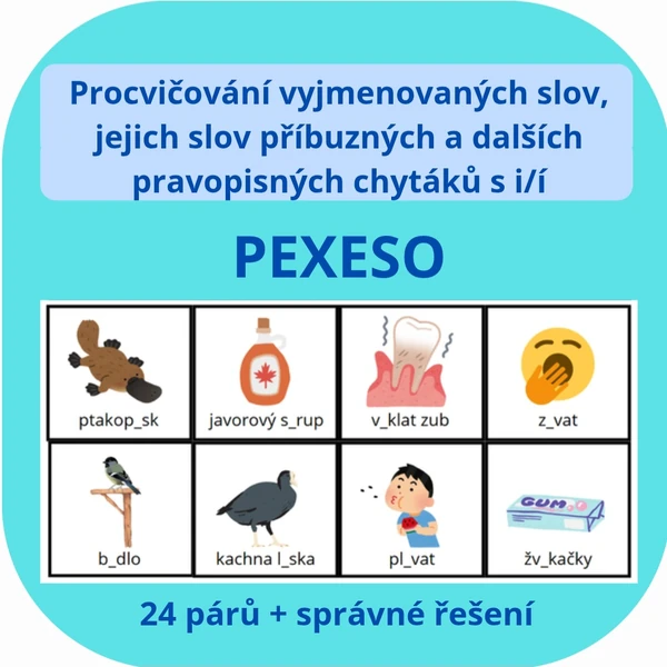 PEXESO- procvičování vyjmenovaných slov, jejich slov příbuzných a dalších pravopisných chytáků s i/í