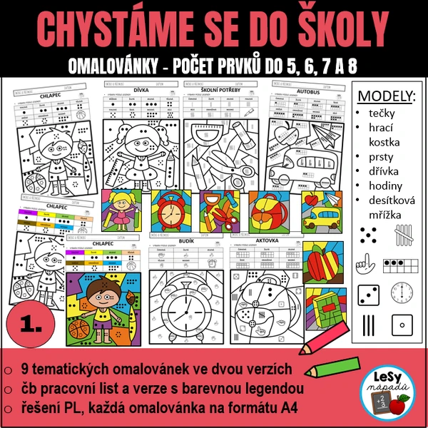Chystáme se do školy - omalovánky s počtem do 8