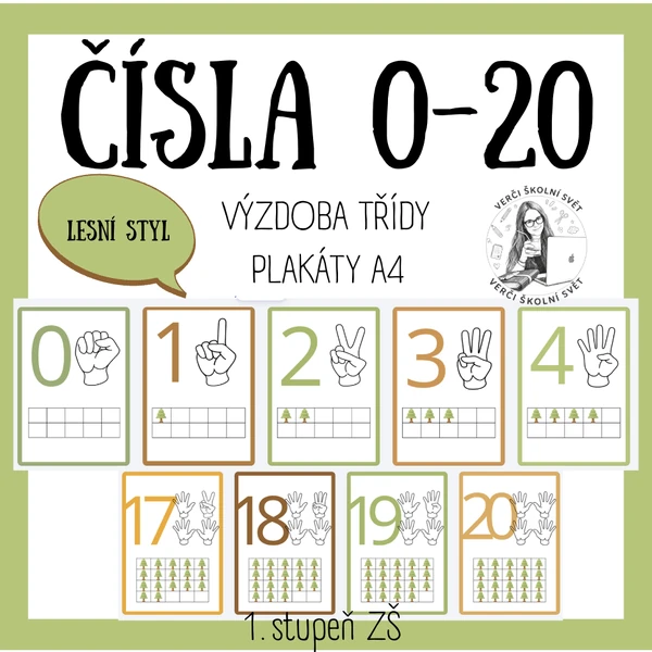 Plakáty čísel 0-20 - lesní styl