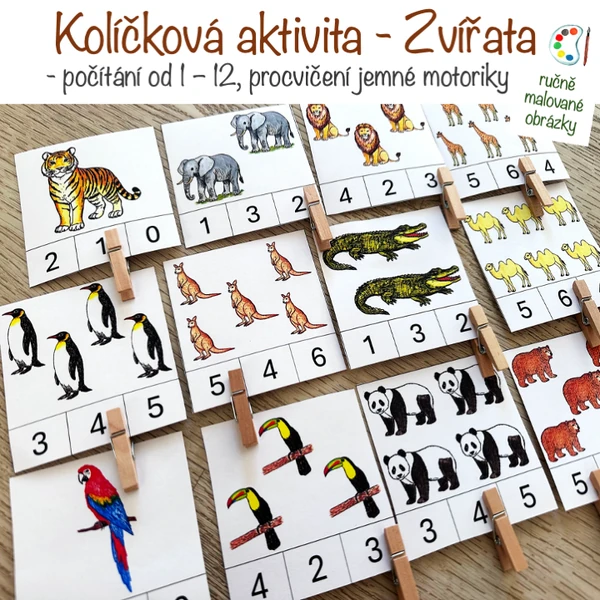 Zvířata - kolíčková aktivita - počítání 1 - 12