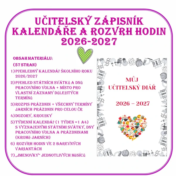 Učitelský diář - kalendáře, rozvrh hodin