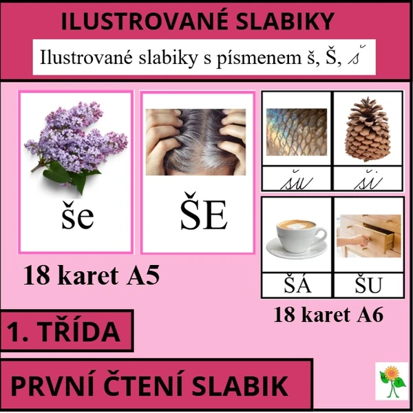 Ilustrované slabiky s písmenem Š, š a malým psacím š