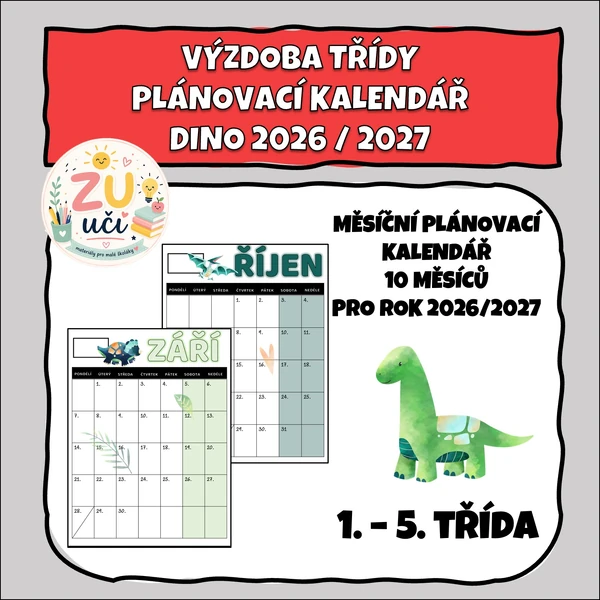 Výzdoba třídy - Měsíční plánovací kalendář 2026/2027 - Dino
