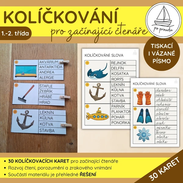 Kolíčkování | slova pro začínající čtenáře (tiskací i psací písmo)