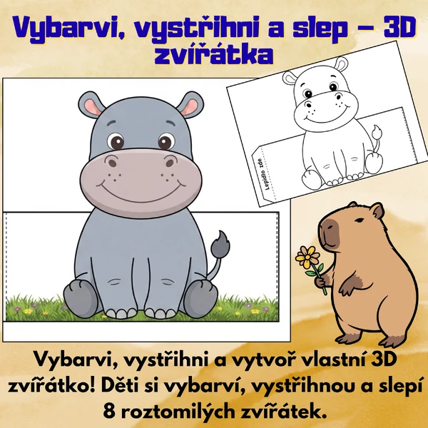 🖍️ Vybarvi, vystřihni a slep – 3D zvířátka