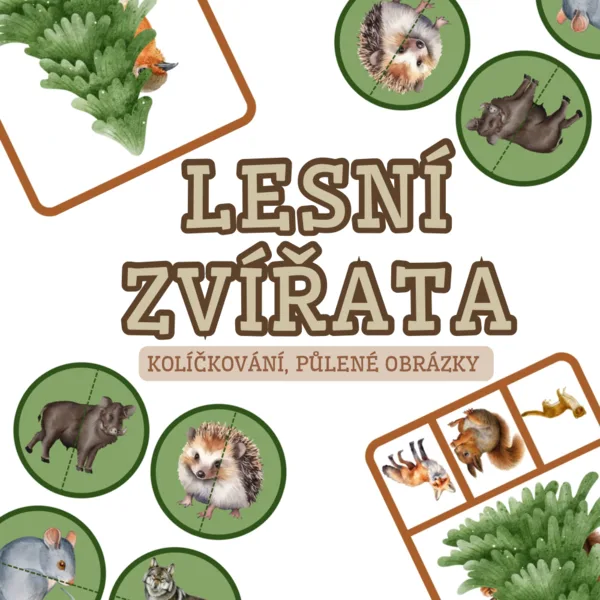 Lesní zvířátka - kolíčkování, půlené obrázky