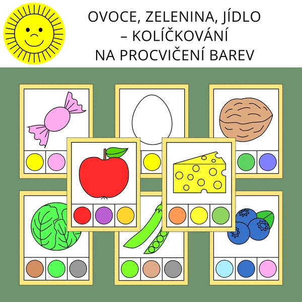 OVOCE, ZELENINA, JÍDLO – KOLÍČKOVÁNÍ NA PROCVIČENÍ BAREV