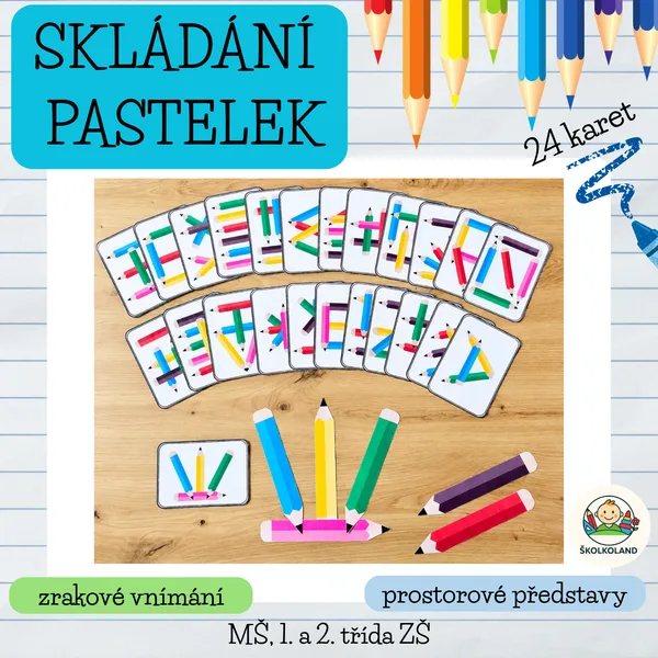 Skládání pastelek – zrakové vnímání, barvy a prostorová orientace (MŠ, 1.–2. třída ZŠ)