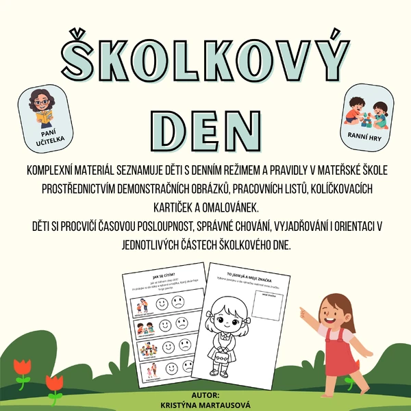 ŠKOLKOVÝ DEN - Denní režim, pravidla, pracovní listy, kolíčkování a omalovánky 🧸