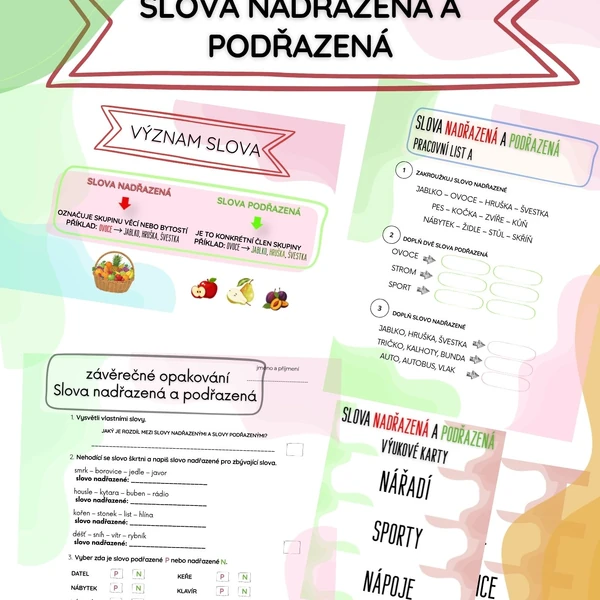 Slova nadřazená a podřazená – výukové karty, pracovní listy a závěrečný test