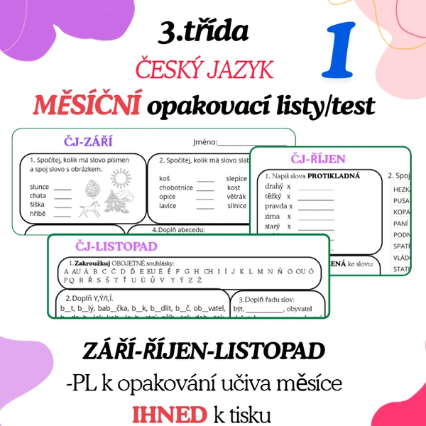 3. třída: MĚSÍČNÍ opakovací listy 1 (září-listopad)