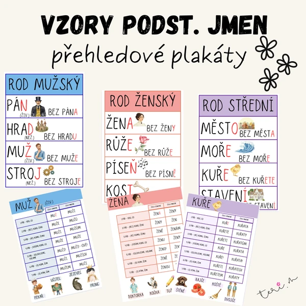 VZORY PODSTATNÝCH JMEN - přehledové plakáty