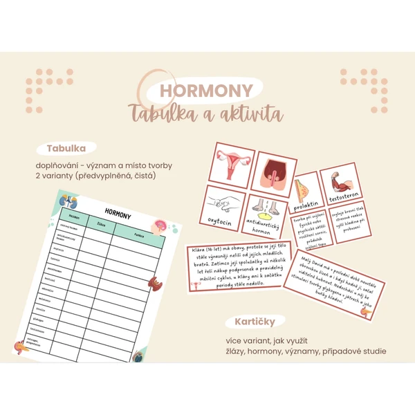 Hormony - tabulka pro zápis a aktivita (kartičky)