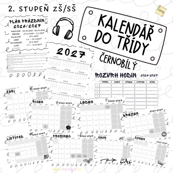 Kalendář do třídy 2026/2027 - černobílý