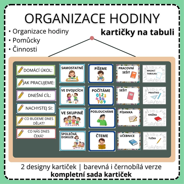 Organizace hodiny - kartičky na tabuli