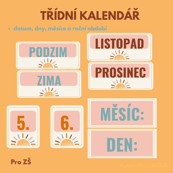 Třídní kalendář – dny, měsíce, datum a roční období