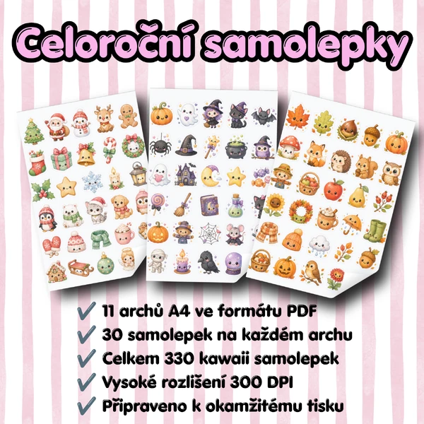 🥇 Celoroční kawaii samolepky | 330 samolepek | PDF k tisku