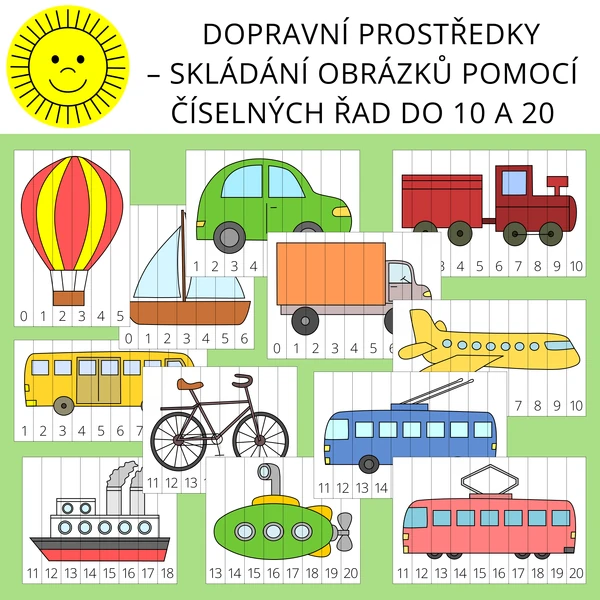 DOPRAVNÍ PROSTŘEDKY – SKLÁDÁNÍ OBRÁZKŮ POMOCÍ ČÍSELNÝCH ŘAD DO 10 A 20