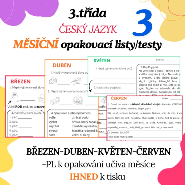 3. třída: MĚSÍČNÍ opakovací listy/testy (březen-červen)