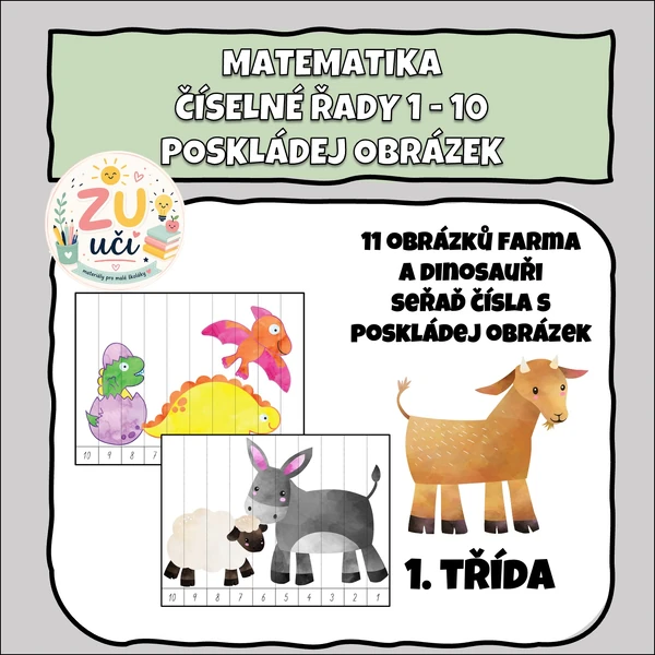 Skládání obrázků 1 - 10, dinosauři, statek
