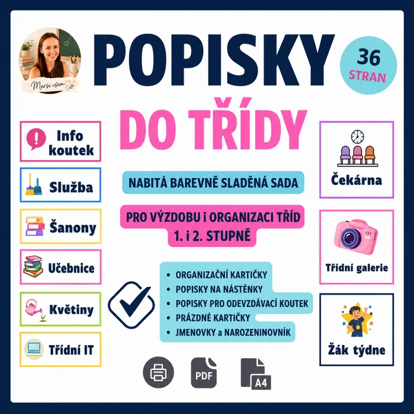 Sada pro výzdobu třídy | Popisky, jmenovky, narozeninovník | 36 stran