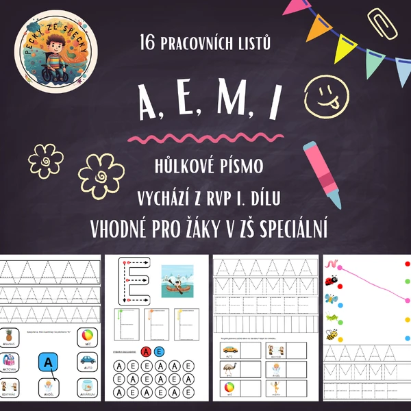 Hůlková písmena "A, E, M, I" (mix pracovních listů)