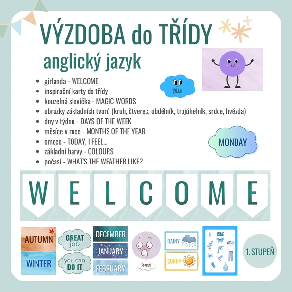 Výzdoba do třídy - anglický jazyk (kouzelná slovíčka, barvy, počasí a další)