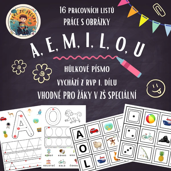 Procvičování písmen A, M, E, I, L, O, U s obrázky