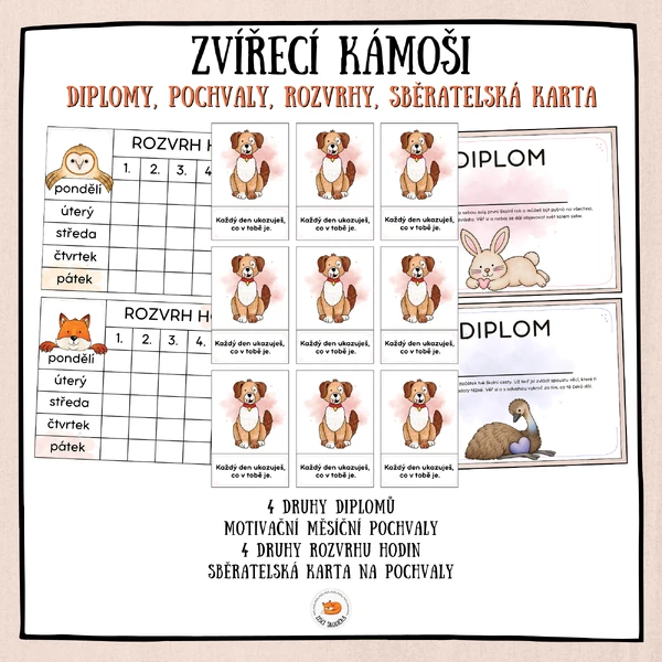 Zvířecí kámoši - diplomy, pochvaly, rozvrhy, sběratelská karta