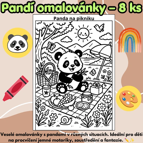 🐼 Pandí omalovánky – 8 ks 🎨